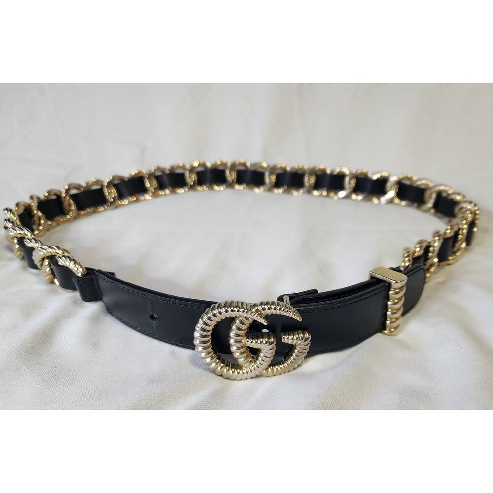 Rare Gucci Calfskin Torchon Double G Chain Black Leather Belt Sz 85 / US 6